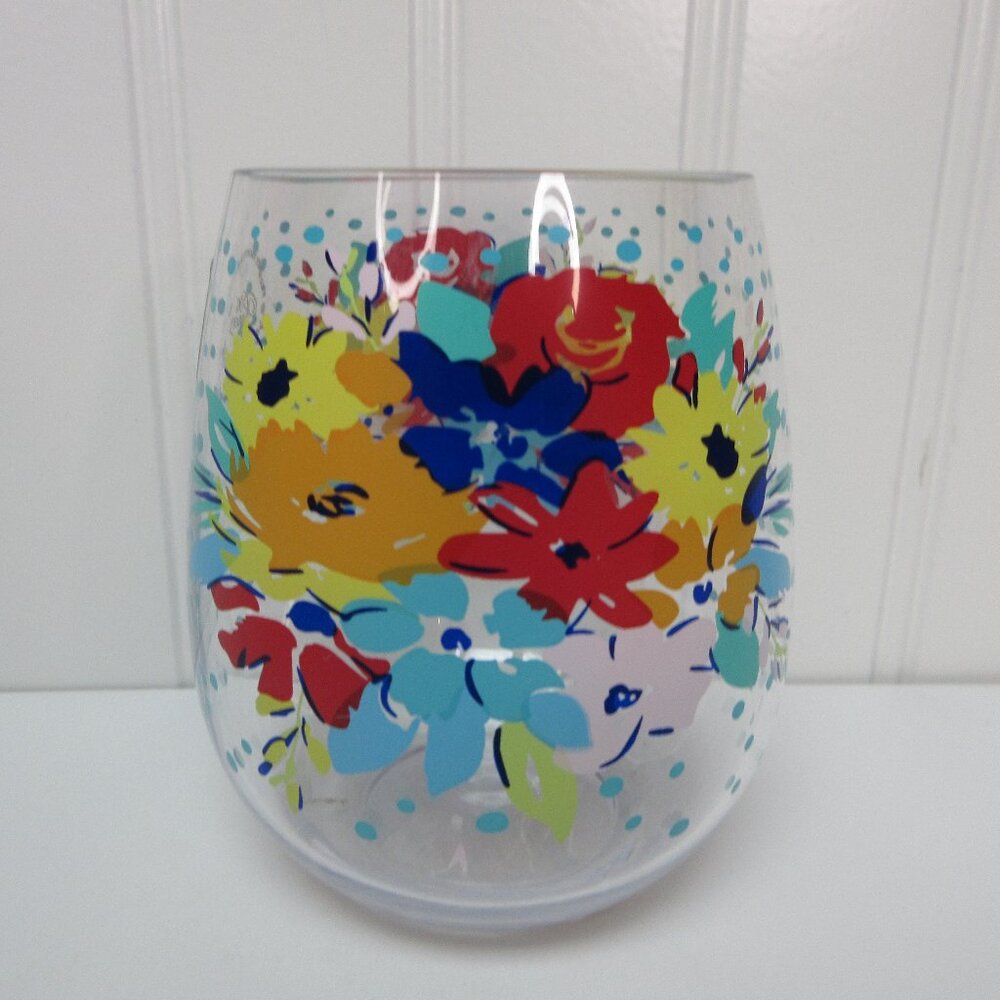 Pioneer Woman Stemless Wine Glass Acrylic Floral Dot New